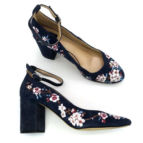White House Black Market Bethany Blue Suede Embroidered Floral Block Heels 9.5M - Picture 4 of 5